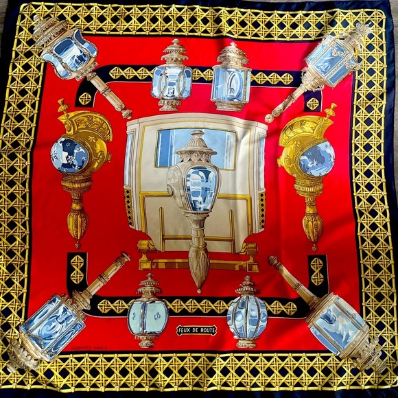 HERMES vintage“Feux en Route” large scarf 34 1/2”x 34 1/2”